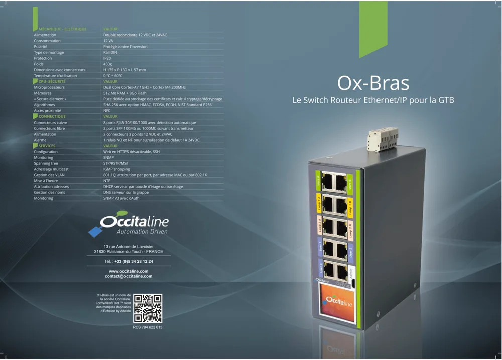Ox-Bras brochure: an industrial DIN-rail switch-router with RJ45 ports and a screen, next to its specification tables