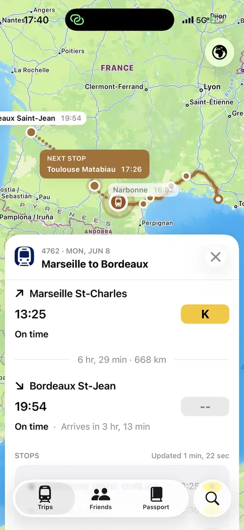 Railora journey detail: Marseille to Bordeaux, platform, stops and live delay