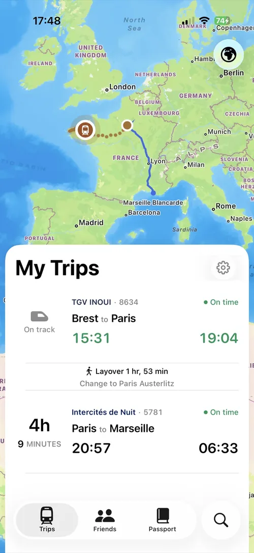 Railora My Trips screen: upcoming trains on a map of Europe with live status