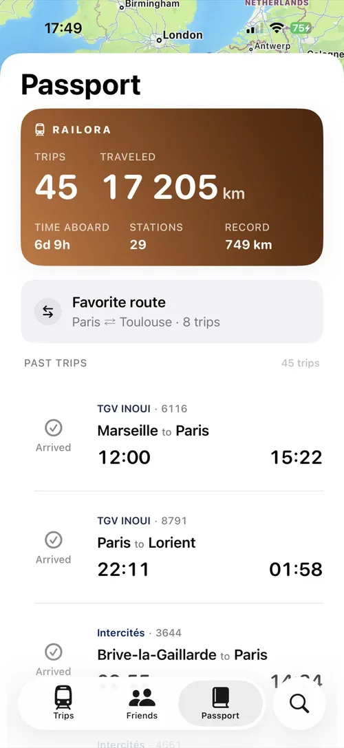 Railora Passport screen: 45 trips and 17,205 km travelled